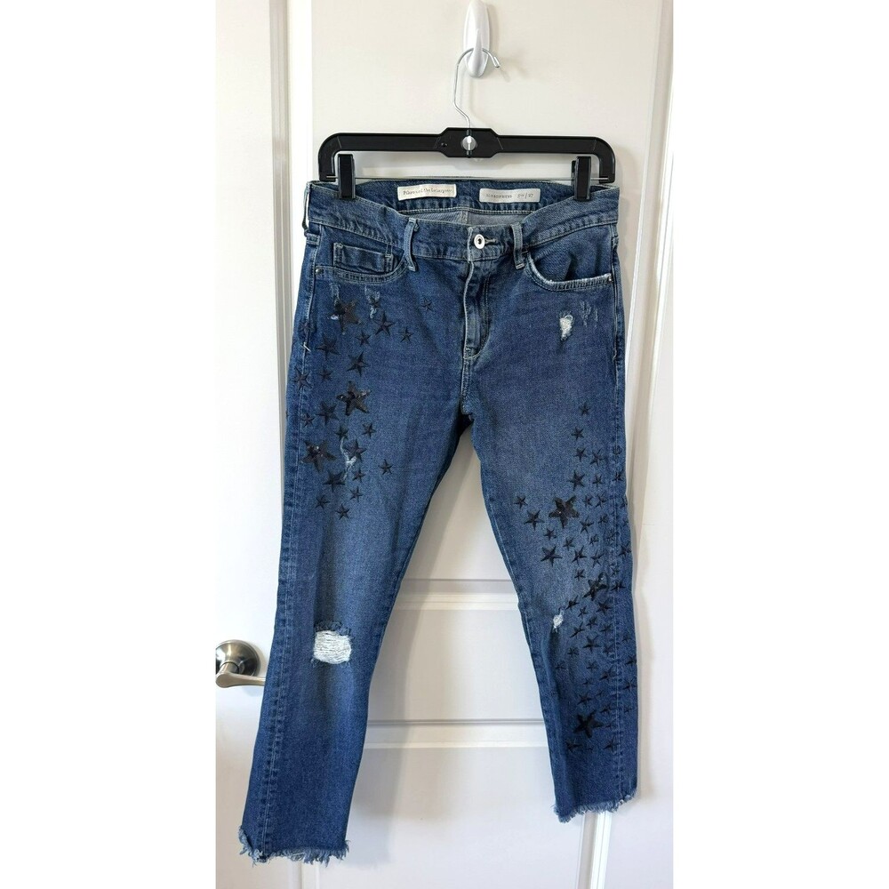 Anthropologie Pilcro Sz 27 Slim Boyfriend Star Blue Jeans Cropped Distressed